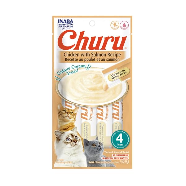 INABA Churu Cat Treats, Grain-Free, Lickable, Squeezable Creamy Purée Cat Treat/Topper with Vitamin E &amp; Taurine, 0.5 Ounces Each Tube, 24 Tubes (4 per Pack), Chicken with Salmon Recipe