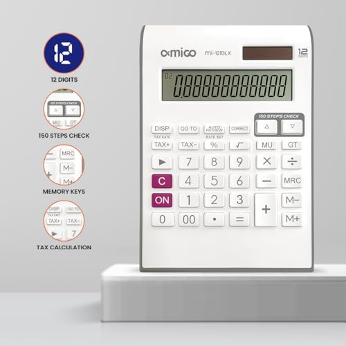 Image of Amigo MI-121DLX Desktop Calculator, 12-Digit Display, 150 Steps Check, White