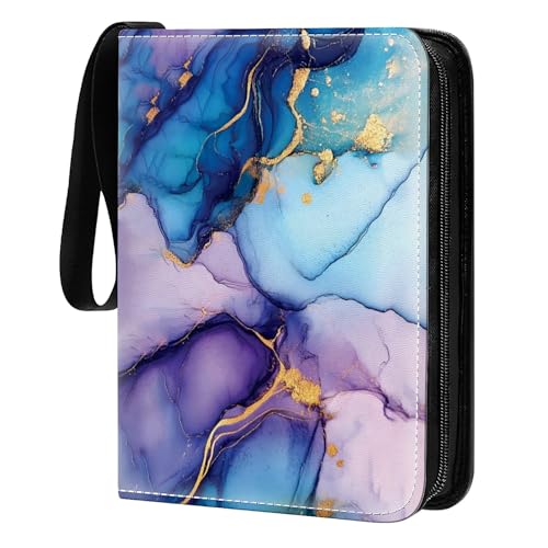 RCZCORN Card Binder 400 Pockets, 50 Sleeves Large Binder Trading Cards Holder 4 Pocket, Storage Organizer, Album Folder Case Protector Collector Gift Alcohol Ink Swirls Blue Purple Gold