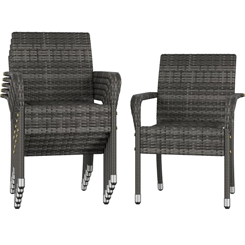Abician Lot de 6 Chaises de Jardin en Rotin Synthétique Fauteuils Empilables d'Extérieur avec Accoudoirs Cadre en Métal Terrasse Véranda Balcon Salon Salle...