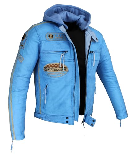 Herren Motorrad Lederjacek Biker Jacke mit Kapuze und Protektoren Custom Leder Jacke Bike Leatherjacket (DE/NL/SE/PL, Alphanumerisch, M, Regular, Regular, Blau)