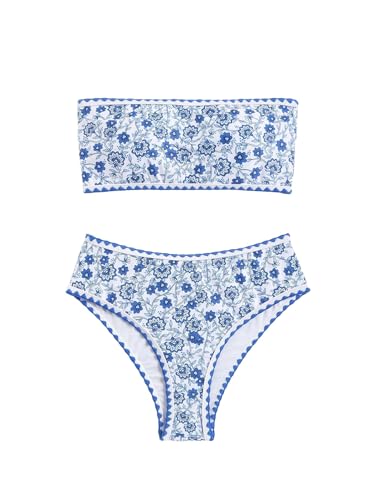 WDIRARA Women's Floral Print Strapless Lace Up Bikini Swimsuit 2 Piece Bathing Suit