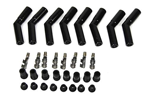 Pertronix 8563HT-8 Black Ceramic Spark Plug 45 Degree Boot Set of 8 includes silicone plug and wire bushings, stainless steel spark plug terminals and high temp ceramic boots