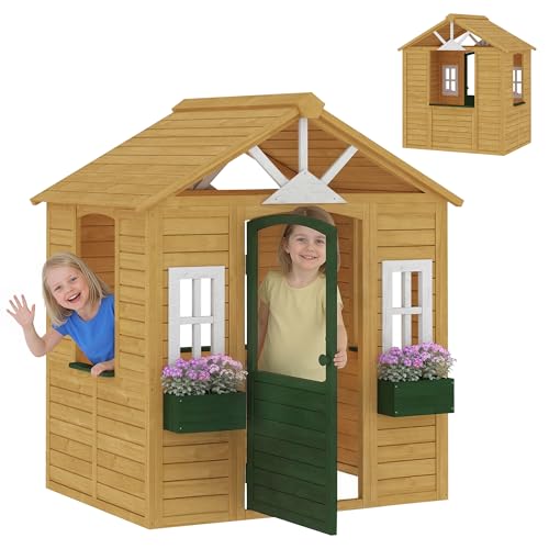 AIYAPLAY Casita Infantil Exterior e Interior de Madera, Casita Infantil con 2 Maceteros, 3 Ventanas, Media Puerta, Casa de Jardín para Niños de 3 8 Años, Marrón