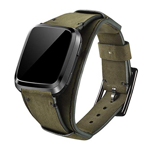 Leotop Compatible With Fitbit Versa/Versa 2/Versa Lite/Versa Special Edition Bands, Genuine Leather Cuff Bracelet Replacement Strap Compatible Fitbit Versa Smart Watch For Men Women (Green)