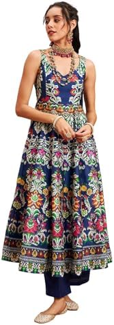 Shae by Sassafras Women's Navy Floral Sleeveless Anarkali Maxi Kurta -S