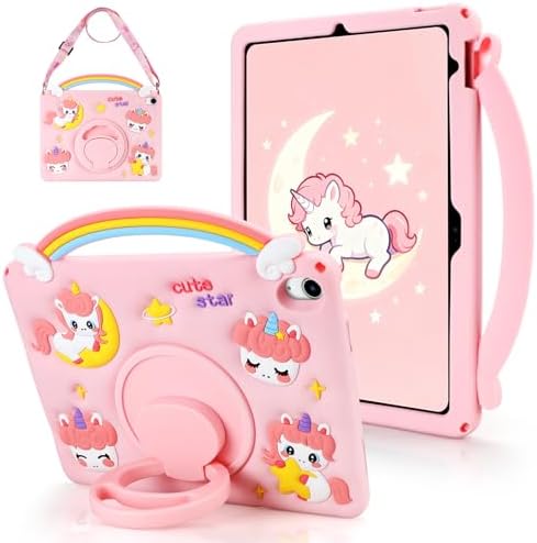 WESADN for iPad A16 Case 11th Generation 11 Inch 2025, for iPad 10th Generation Case 10.9 Inch 2022 Girls Women Cute Cartoon Rainbow Unicorn Tablet Cover with Strap Rotating Stand Handle, Pink