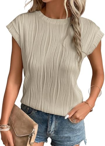 EVALESS Womens Short Sleeve Textured Tops Crewneck Knit Solid Casual T Shirts Ladies Loose Basic Tee Blouses