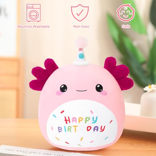 Image of SQEQE Happy Birthday Axolotl Plush Axolotl Stuffed Animal Toy Pink Birthday Plushies Home Decor for Girls Boys Kids (8Inch)
