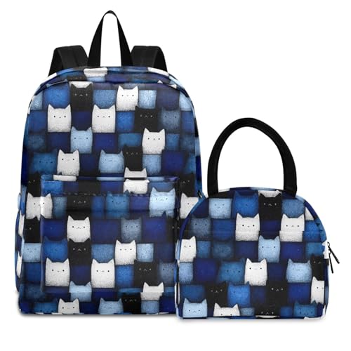 Cartoon Cat Blue Print Backpack Set with Lunch Bag, Large Capacity Travel Backpacks and Lunch Box Insulated for Commute Hiking Picnic