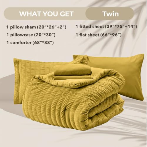 Image of HYMOKEGE Mustard Yellow Twin Comforter Set Seersucker 5 Pieces, All Season Luxury Bed in a Bag for Bedroom, Bedding Set with Comforter, Sheets, Pillowcase & Sham