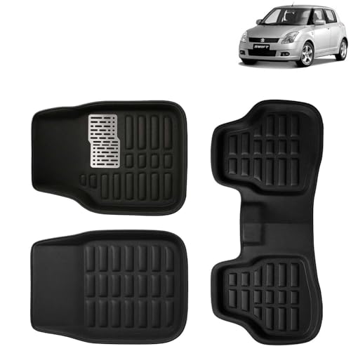 Image of KINGSWAY Accessories Premium 3D Car Floor Mats Only Compatible with Maruti Suzuki Swift Year 2005 to 2010 All Model, Set of 3, 100% Waterproof Tray Shape PVC 3D Car Foot Mats Anti-Slip Car Mat, Black