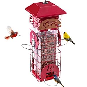 Squirrel Proof Bird Feeders for Outdoors Tube Metal Mesh Hanging Bird Seed Feeder for Outside Pole Weight Activated 4 Adajustable Perschs 22 lbs Capacity Red