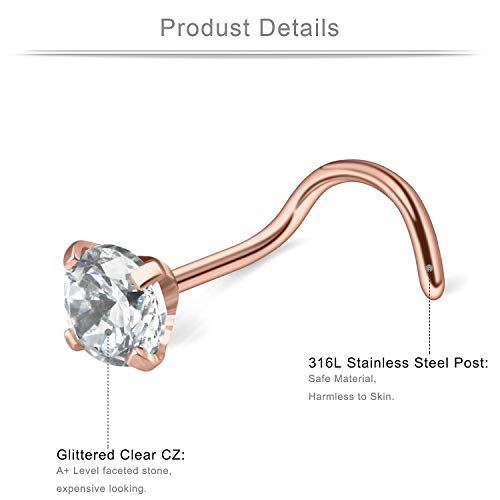 Ruifan 12Pcs 18G 316L Surgical Steel 1.5Mm 2Mm 2.5Mm 3Mm 3.5Mm 4Mm Clear Round Diamond Cubic Zirconia Crystal Nose Screw Studs Rings Piercing Jewelry - Rose Gold #TOP1