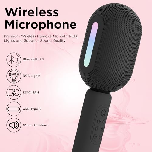 Image of Wireless Bluetooth Karaoke Mic with 5W Speaker,Upto 3-Hour Playtime, Dynamic RGB Lights, Music Recording, Duet Singing, Mini Karaoke Machine for Car Travel, Fast Charging (Black)