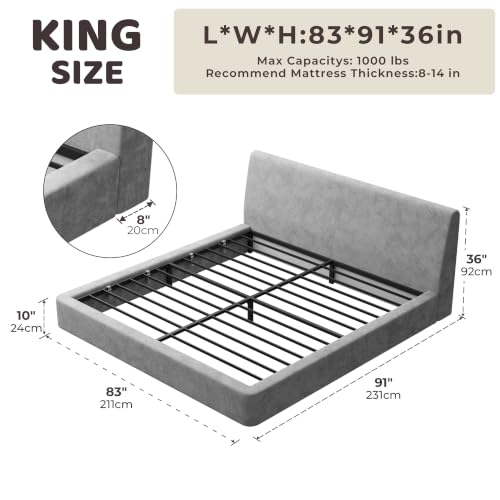 Image of RECCI AirFrame King Size Bed Frame with Ergonomic Angled Headboard, 360 Cushioned Platform Bed Frame, Low Profile Minimalist Soft-Frame Bed, No Box Spring Needed, Easy Assembly, Moon Grey