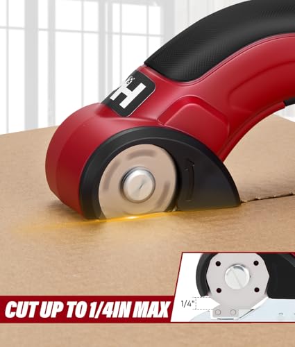 Image of HK Cordless Electric Scissors, 4V Electric Box Cutter, Carpet & Cardboard Cutter with a Replacement Blade /Charger, Rotary Cutter for Cardboard Packages Leather Plastic (Red)