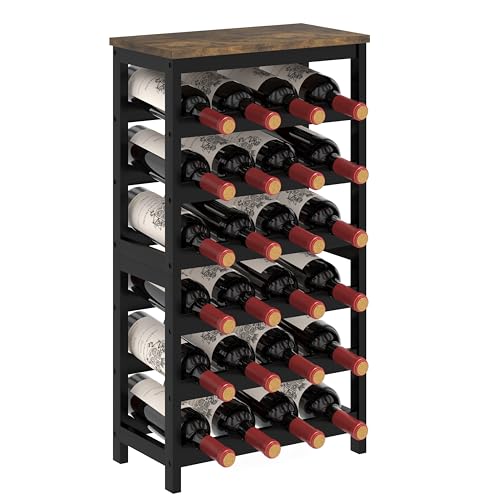 6 Tier Bamboo Wine Rack Freestanding Floor, 24 Bottles Wine Storage Shelves with Brown Table Top, Stackable Wine Display Rack for Kitchen, Bar, Dining Room, Living Room