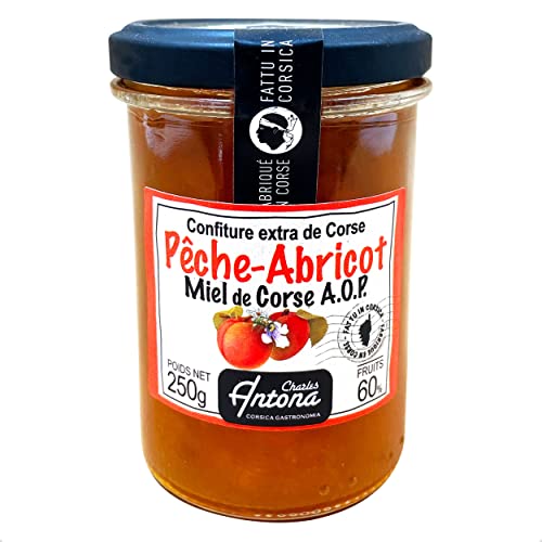 Peach and Apricot Jam with Honey from Corsica, Premium Fruit Preserve, Delicious Breakfast Spread, Made by Charles Antona in The Traditional Way, 1 x Jar, 250g