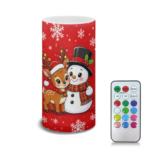 Image of Poceacles Flameless Candle with Remote Control 12 Colors 4 /8 Hours Timer LED Night Lights Pillar Candle Tealights Home Indoor Christmas Decor, Cute Snowman Reindeer Red