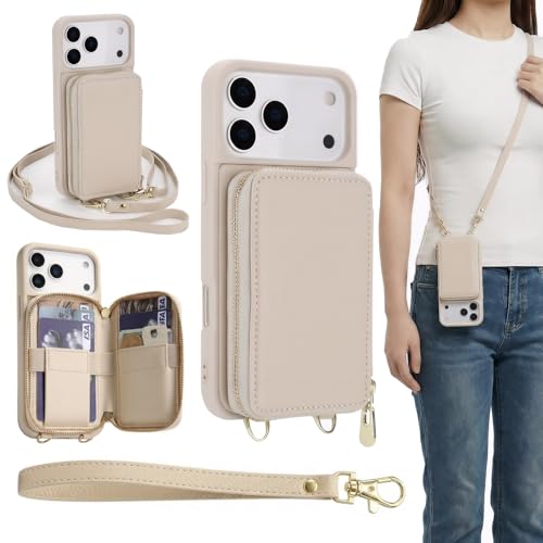 GOODVISH Handykette für iPhone 17 Pro Hülle mit Band Handytasche mit Kartenfach und Portemonnaie Handyhülle mit Reißverschluss und Geldbörse mit RFID Blocker für iPhone 17 Pro 6.3 - Beige