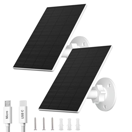 FUTUREZEN 2W Solar Panel for Security Cameras, 5V Solar Charger for Rechargeable Battery Cameras with Micro USB & USB-C Ports, IP65 Waterproof, 360° Adjustable Mount, 7.2 ft Cable (2 Pack, White)