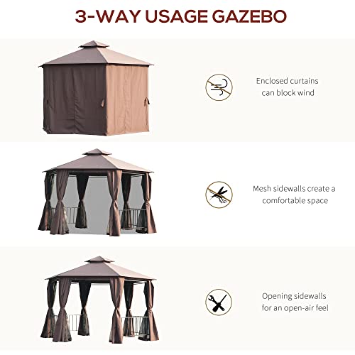 Outsunny 13' X 13' Patio Gazebo, Double Roof Hexagon Outdoor Gazebo Canopy Shelter W/With Netting & Curtains, Solid Steel Frame For Garden, Lawn, Backyard And Deck, Coffee #TOP5