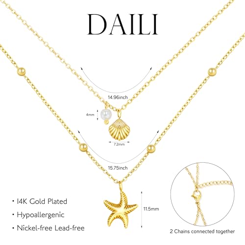 Shell Necklace for Women,14k Gold Plated Layered Starfish Conch SeaShell Pearl Pendant Charm Necklace,Non Tarnish Adjustable Stainless Steel Chain Stack Jewerly for Summer Beach Vacation2
