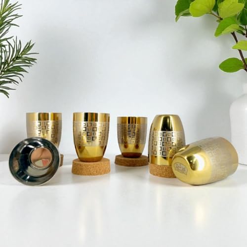 Image of Classic Steels Stainless Steel Gold Laser Lotus Glass Set of 6 for Water, Milk, Lassi & Juice | International Standard Food Grade PVD Gold Coating | 300 ML Each | 1 Year Guarantee