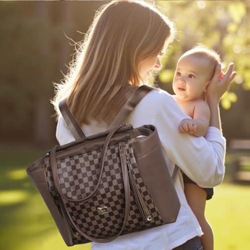 Image of miss fong Checkered Diaper Bag Tote Leather Diaper Bag Backpack, Large Capacity Mommy Bag Hospital Bag, 12 Pockets Travel Diaper Tote with Changing Pad for Mom Plaid Tote Bag for Women-Coffee