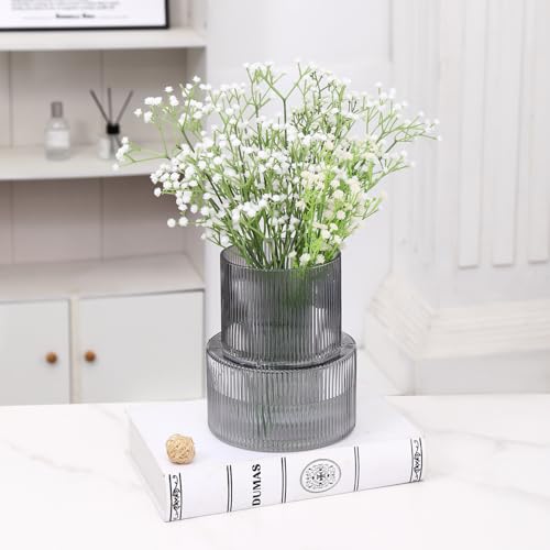 Miniatura 3 de Kayletin Jarrón De Cristal Negro Acanalado Y Estriado, Moderno Para Sala De Estar Y Oficina, 19 Cm