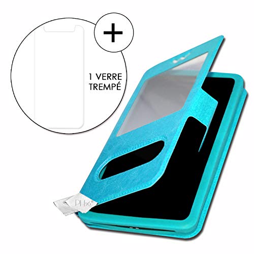 Wiko Sunny 3 Super Pack Etui Housse Folio Turquoise Extra Slim X 2 Fenêtres en éco Cuir de qualité + 1 Verre trempé de Protection dureté Maximal