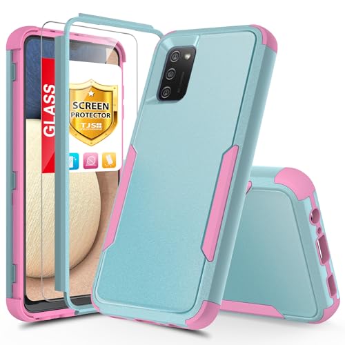 TJS Compatible with Samsung Galaxy A02S Case, with Tempered Glass Screen Protector, Heavy Duty Rugged Shockproof Full Body Protection Anti Scratch Matte Phone Case for Galaxy A02S (Light Blue)