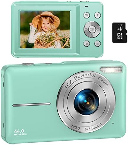 Digital Camera, Kids Camera with 32GB Card FHD 1080P 44MP Vlogging Camera with LCD Screen 16X Zoom Compact Portable Mini Rechargeable Camera Gifts for Students Teens Adults Girls Boys-Green
