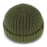 KNITDAY Chunky Wool Fisherman Short Beanie Hats Skull Cap for Men, Mens Thick Skater Streetwear Fishermans Beanie Warm Winter Knit Daily Hat (Olive)