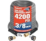 YAMATIC Non Marking 3/8' Pressure Washer Hose 100FT 4200 PSI, Kink Resistant Swivel 3/8' Quick Connect, Rubber Steel Braided Wear Resistant Industry Grade for Hot/Cold Water Gas Power Washer