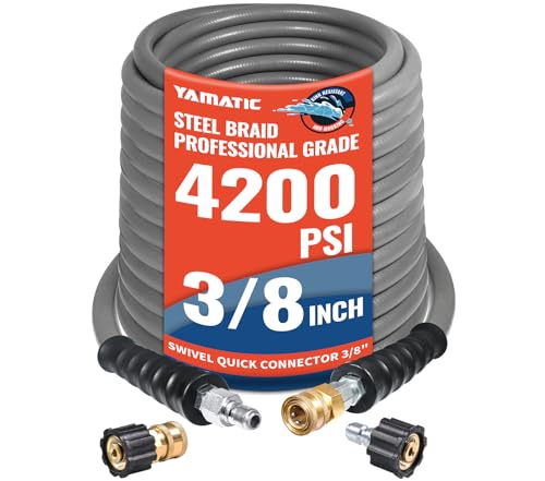 YAMATIC Non Marking 3/8' Pressure Washer Hose 100FT 4200 PSI, Kink Resistant Swivel 3/8' Quick Connect, Rubber Steel Braided Wear Resistant Industry Grade for Hot/Cold Water Gas Power Washer