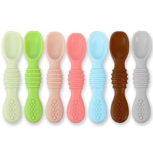 Image of Baby Spoons Self Feeding 6+ Months - 7 Pack Silicone First Stage Infant Training Spoons, Baby Led Weaning Untensils for Toddlers, BPA-Free Rainbow Chewable Teething Spoons for Kids - Dishwasher Safe