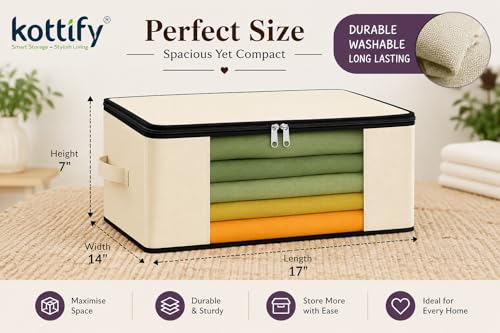 Image of Kottify Pack of 2 Cotton Canvas Clothes Storage Bags /Saree Covers with Zip for Storage Specially Design for Woman Dresses, Sarees, Lehengas for Wardrobe Organizer (17 x 14 x 7 Inch)