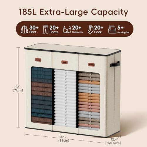 Image of 185L Laundry Hamper 3 Section, Laundry Hamper with Lid, Dirty Clothes Hamper with 3 Removable Washing Bags, Extra Large Laundry Basket Organizer for Bedroom, Laundry Room, Dorm - Beige