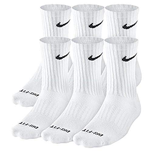 NIKE Dri-Fit Training Everyday PLUS MAX Cushioned Crew Socks 6 PAIR White with Black Swoosh Logo) LARGE 8-12