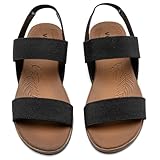 Veittes Sandales plates pour femme, sandales plates d'été confortables avec bride élastique à la cheville et double bande,noir,44 EU,2107021