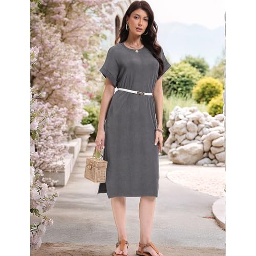 Image of Womens Casual T Shirt Dress Summer Fall Crewneck Loose Fit Side Split Knee Length Dress Ribbed Pattern with Pockets