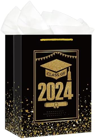 2024 Graduation Gift Bags Class of 2024 Graduation Gift Bag with Tissue Paper and Handle 11.5″ Congratulations Graduation Paper Wrap Bags for High School College Grads Graduation Party Favors