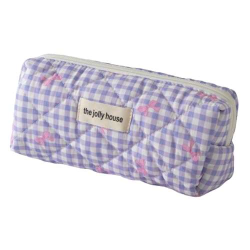 Image of Carry bloom Pencil Pouch Cute Pencil Case for Girls Aesthetic Pencil Bag with Zipper Pen Cases School Supplies Makeup Bag (Checkered bow purple)