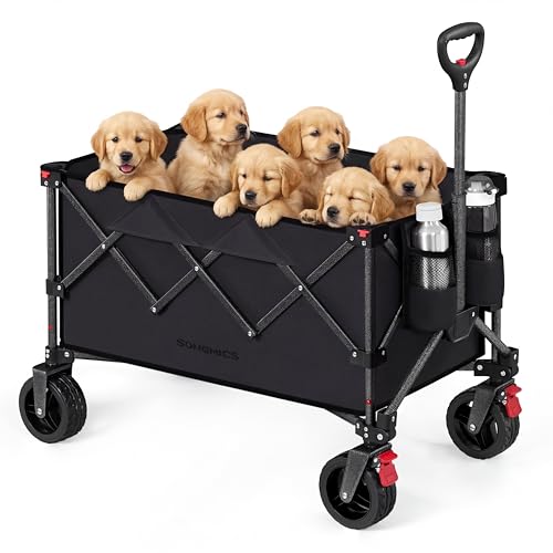 SONGMICS Carro de Mano Plegable, Carro de Mano, 150 L, Carga hasta 150 kg, Carro de Jardín, para Camping con Asa, 4 Ruedas Extraíbles, Ahorra Espacio, Exterior, Jardín, Negro Tinta GFW115B01