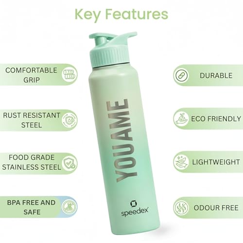 Image of Speedex Customised Stainless Steel Water Bottle 1 Ltr with Name - Personalised Engraved Sipper Cap Bottle for Kids, Men & Women, School, Gym, Office Dual Green, Set of 1