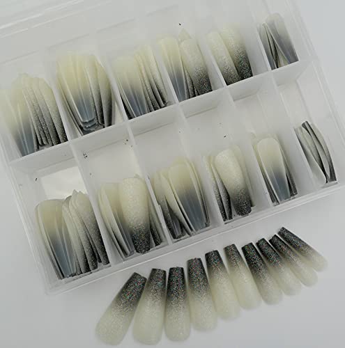 120Pc Luxury Ombre Coffin Press On Nails With Glitter Design Long Ballerina Shaped False Fake Acrylic Nail Tips Artificial Fingernails 12 Sizes With Case For Salon Home Diy (Beige) #TOP1