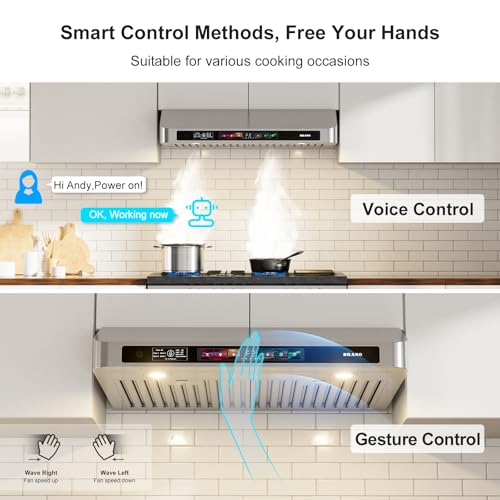 BRANO 30 Inch Under Cabinet Range Hood with Voice/Gesture/Touch Control, 900 CFM Kitchen Vent Hood with 4-Speed Exhaust Fan, Stainless Steel Stove Hood with LED Lights, Baffle Filters