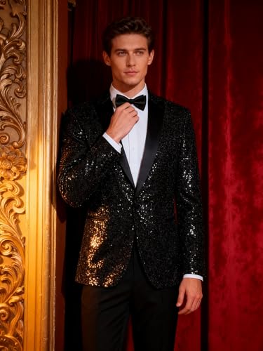 Image of Barry.Wang Mens Sequins Blazer Sparkle Dress Suit Jacket Cocktails Shiny Metallic Disco Dance Party Tuxedo Homecoming